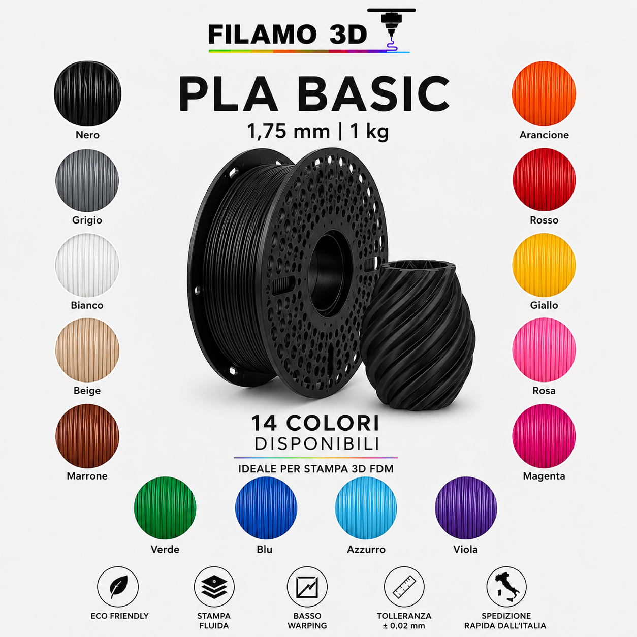 Filamento PLA Basic 1,75 mm 1 kg per Stampante 3D – Filamo3D – 14 Colori Disponibili