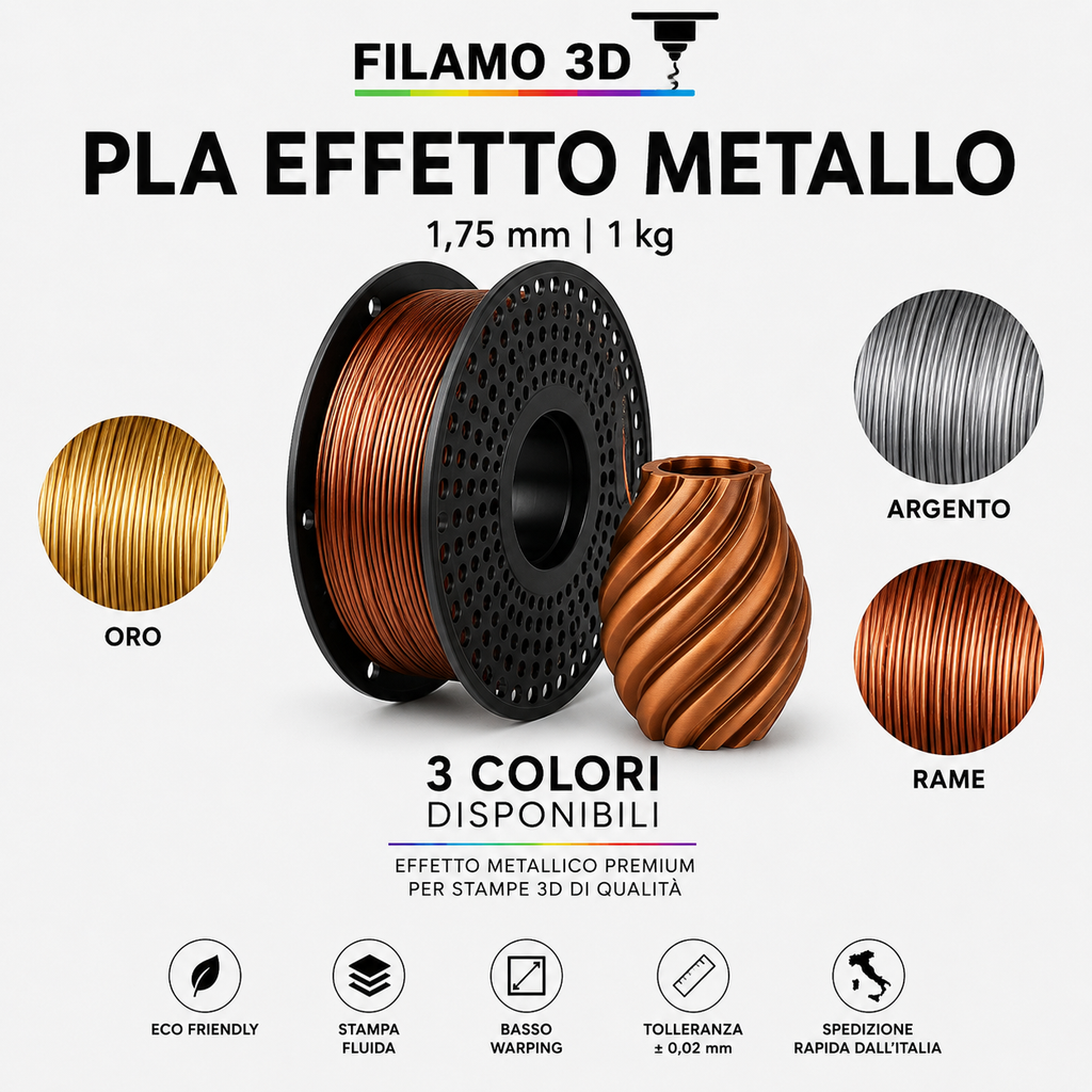 Filamento PLA Effetto Metallo 1,75mm 1kg per Stampante 3D - Filamo3D - 3 Colori Disponibili