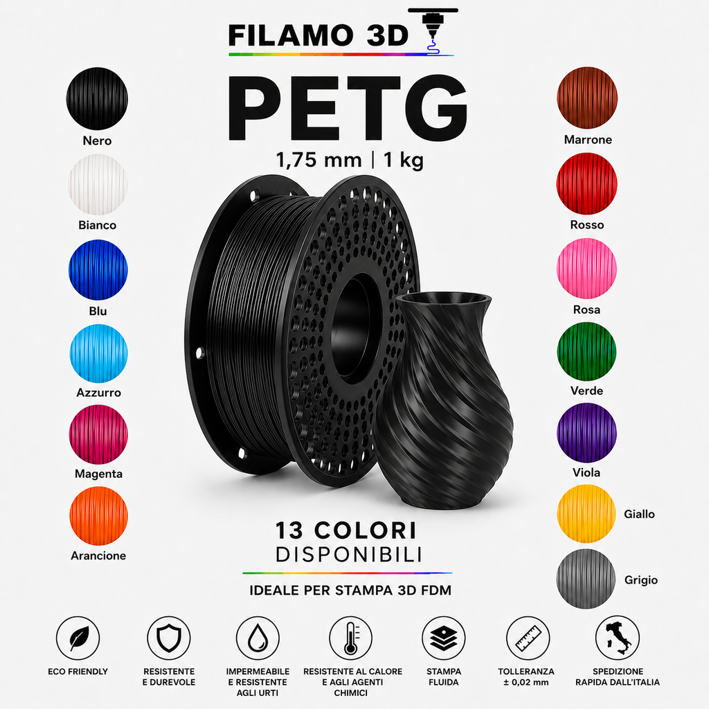 Filamento PETG 1,75mm 1kg per Stampante 3D - FILAMO3D - 13 Colori Disponibili